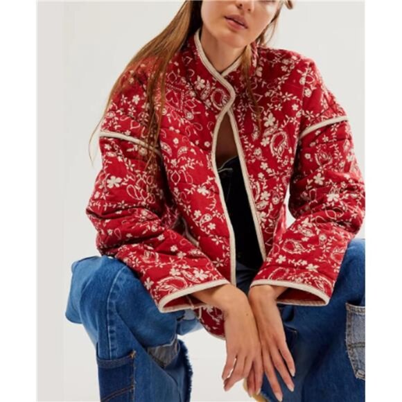 Women’s Retro Floral Red Quilted Cropped Puffer Jacket Stand Collar Coat: - Picture 3 of 5